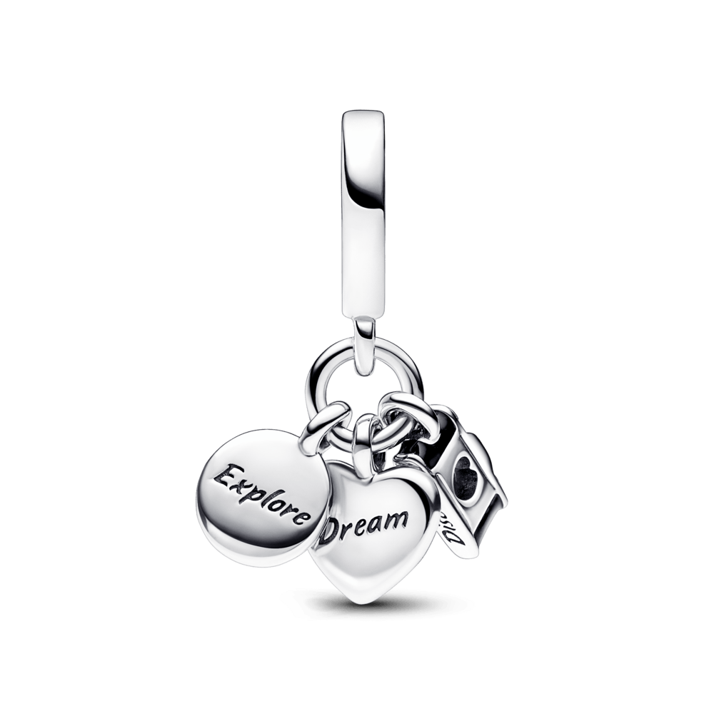Charm Plata 925 - Colgante Triple Cámara, Corazón y Brújula