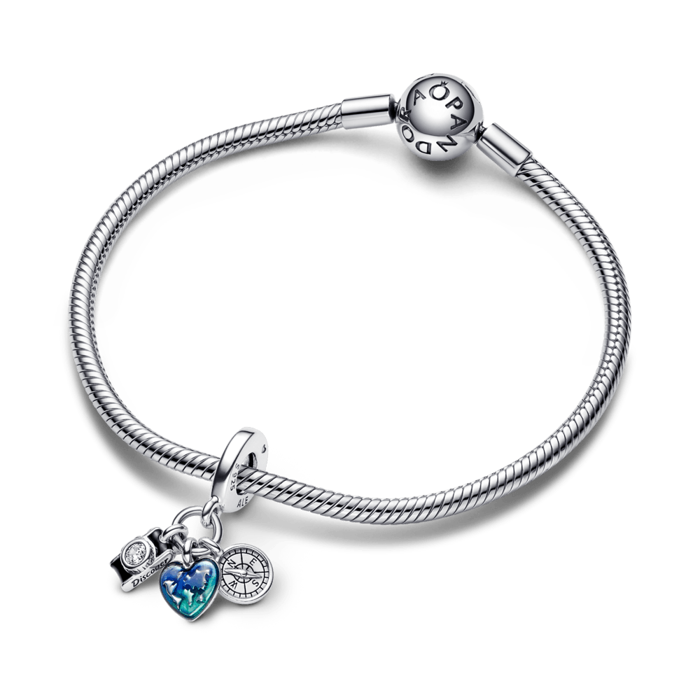 Charm Plata 925 - Colgante Triple Cámara, Corazón y Brújula