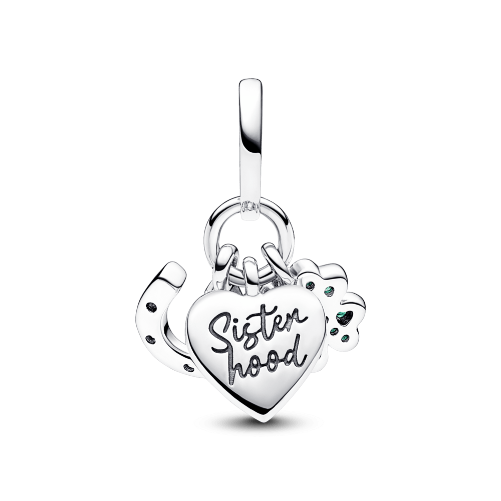 Charm Plata 925 - Colgante Triple Trébol de Cuatro Hojas, Corazón y Herradura