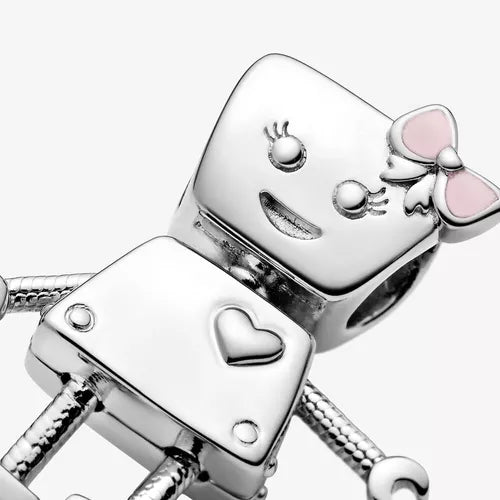 Charm Plata 925 - Robot Con Moño Rosa