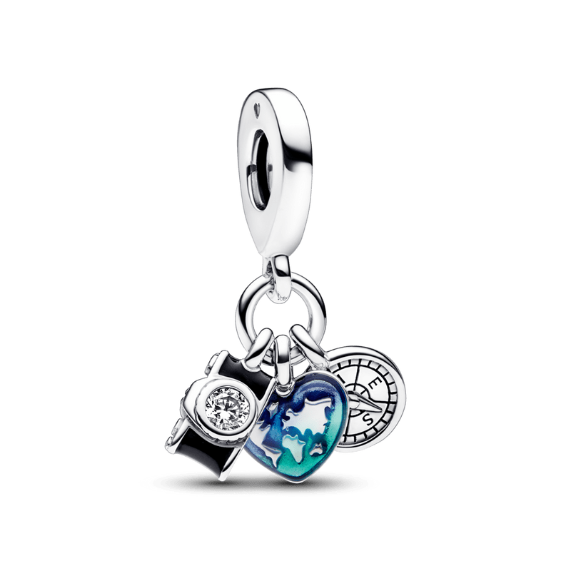 Charm Plata 925 - Colgante Triple Cámara, Corazón y Brújula