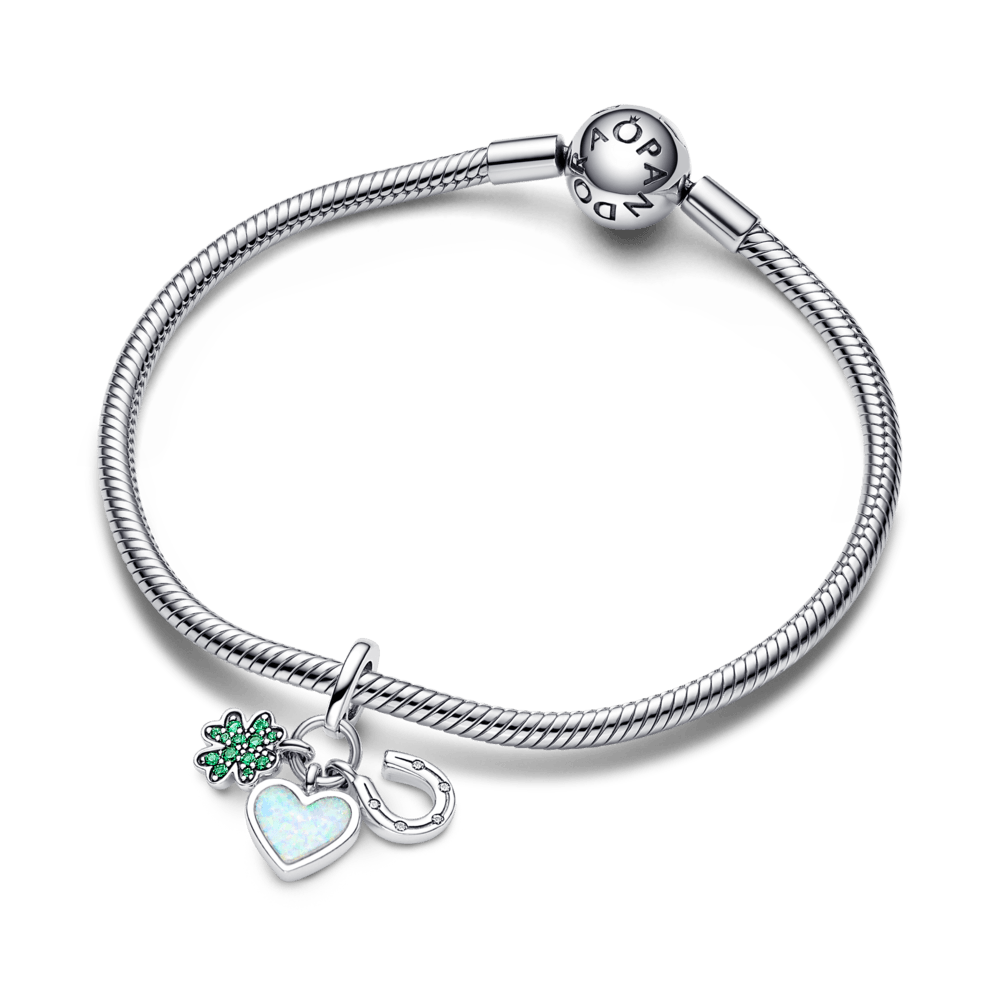 Charm Plata 925 - Colgante Triple Trébol de Cuatro Hojas, Corazón y Herradura