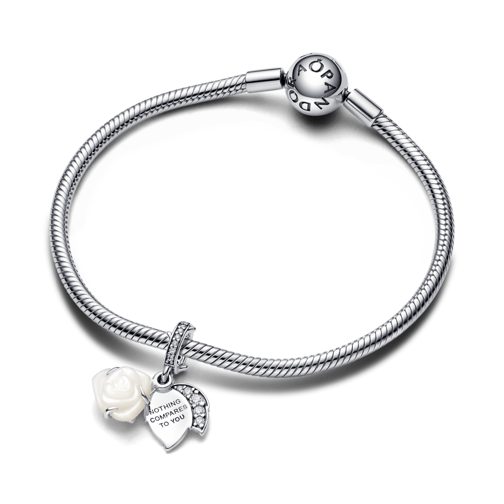 Charm Plata 925 - Colgante Doble Rosa Blanca Floreciendo