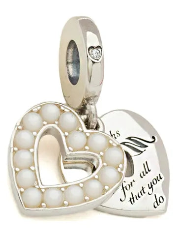 Charm Plata 925 - Colgante Pandora Doble Corazón Blanco "Mom for all that you do"