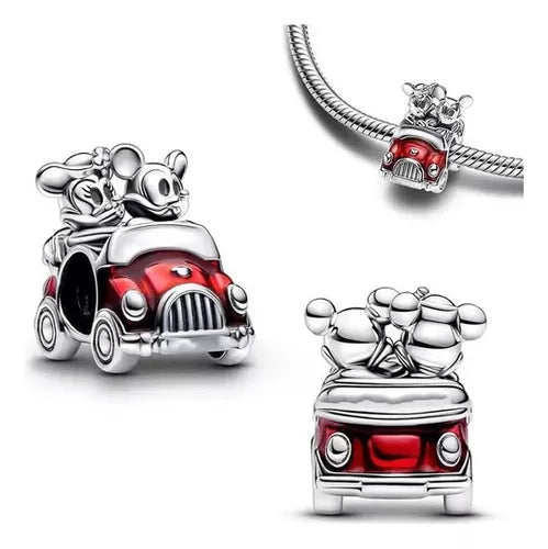 Charm Plata 925 - Charm Mickey y Minnie Mouse en coche rojo